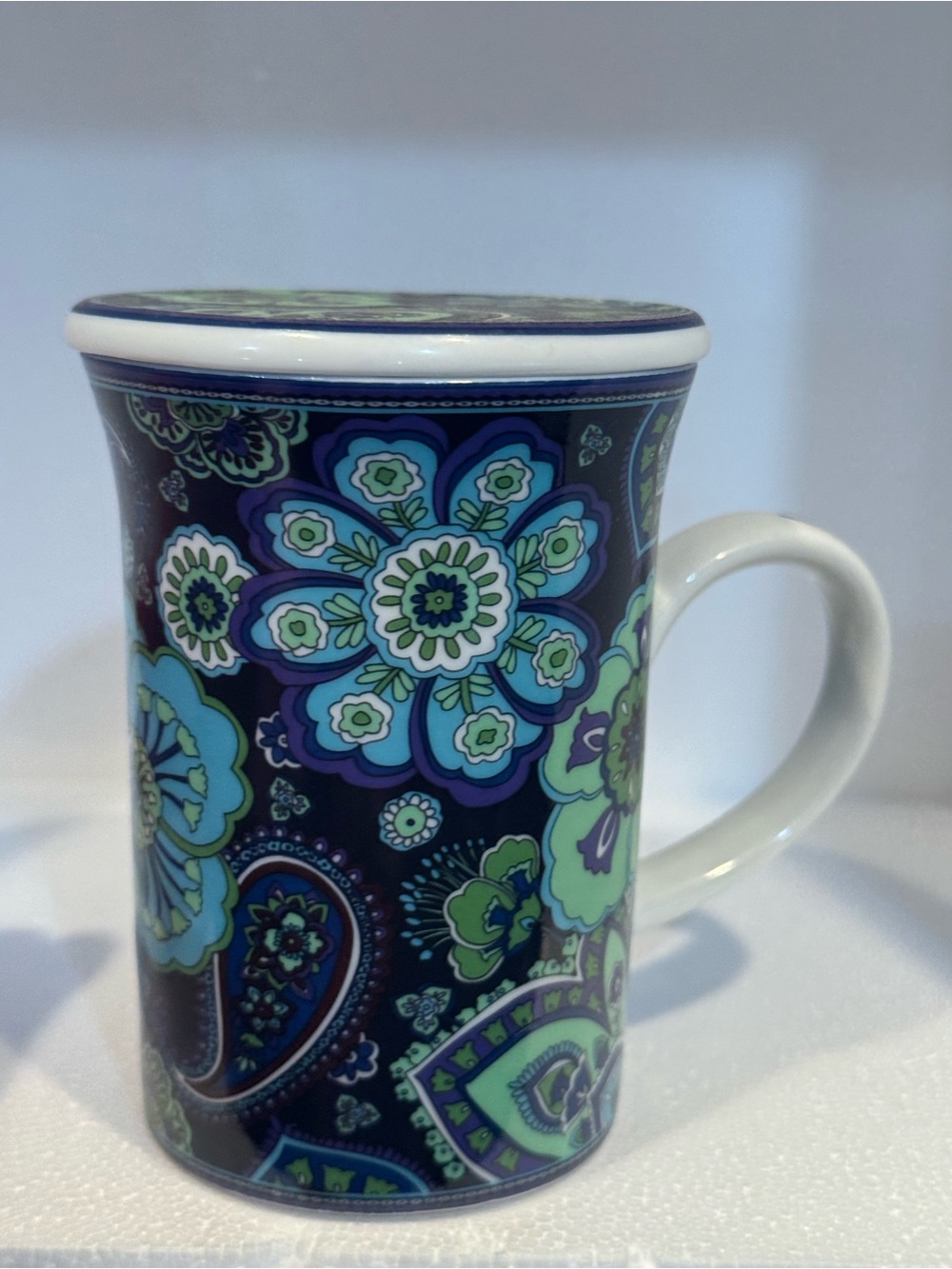 Vera Bradley tea lid Floral Paisley Ceramic Mug Navy and Green blue rhapsody cup